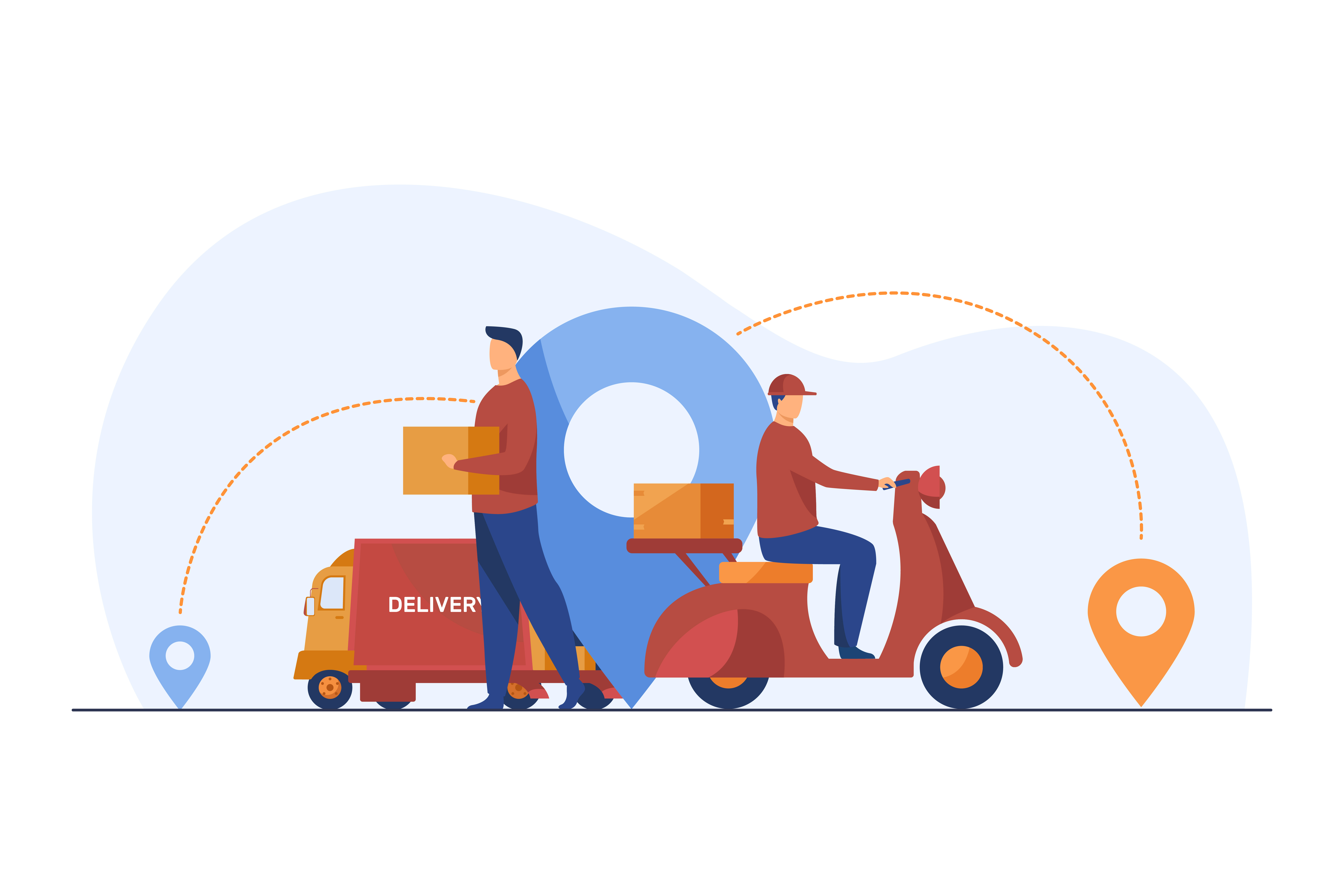 Male couriers delivering parcels. Scooter, truck, map pointers flat vector illustration. Shipping, logistics, service concept for banner, website design or landing web page